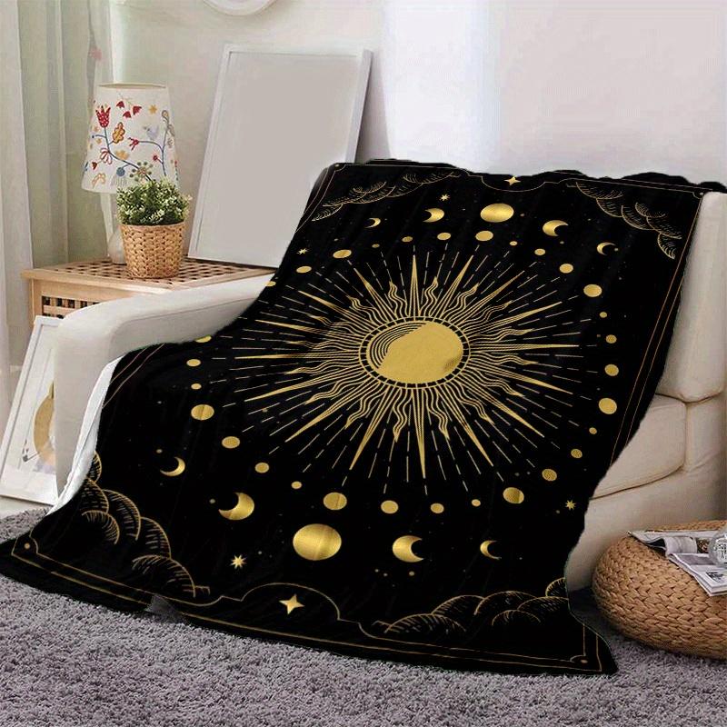 1pc Sun Stars Moon Printing Lightweight Flannel Blanket, Comfortable and Warm Blanket, for Camping Sofa Bed and Couch Office, Gift