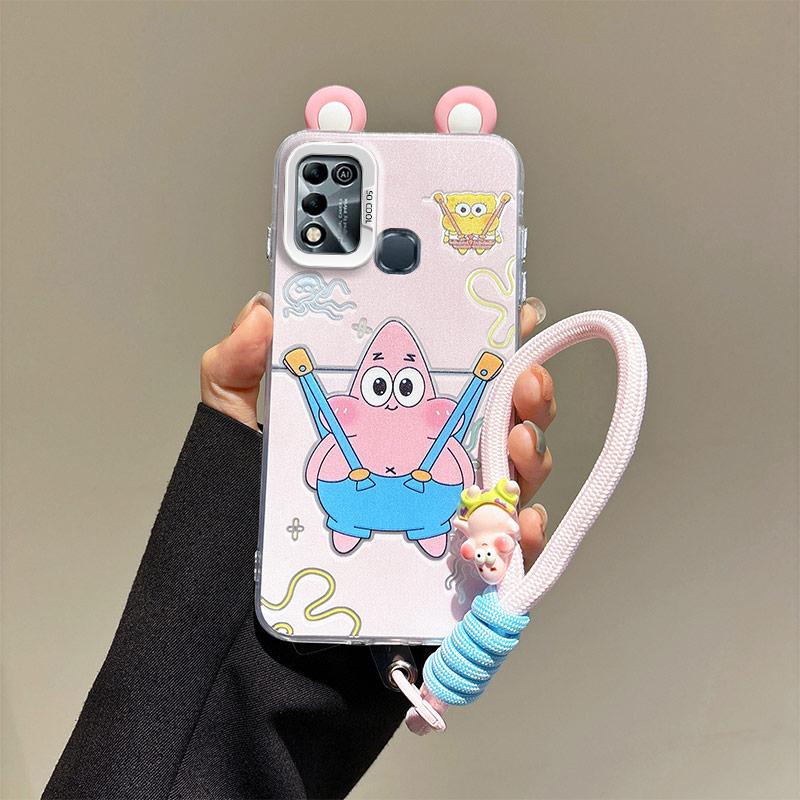KEYSION Cute Ear Cartoon Case for Infinix Hot 11 Play with Lanyard Soft Silicone+PC Shockproof Phone Back Cover for Infinix Hot 10 9 Play