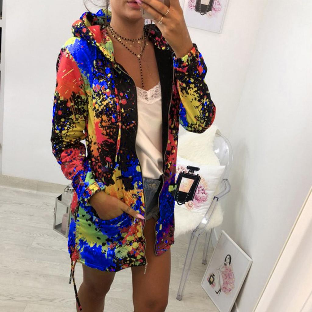 Fashion Womens Tie Dyeing Print Coat Outwear Sweatshirt Hooded Jacket Overcoat