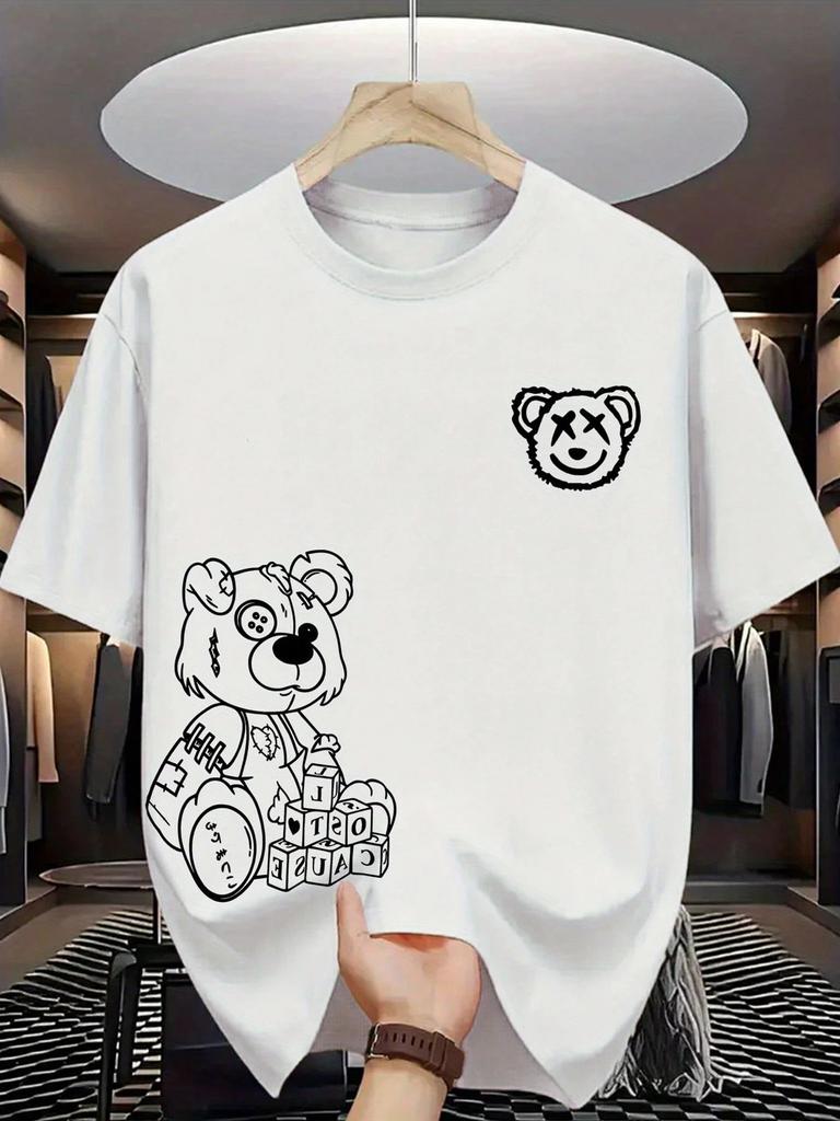 2026 Summer New Style Unisexs Pure Cotton Tshirt with Simple Bear Pattern Print Street Casual Fashion Comfortable and Soft
