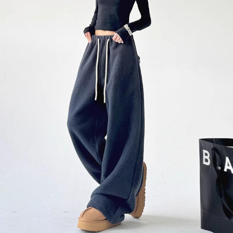 Women's Plush Fleece Wide-Leg Pants - High Waist, Loose Fit, Thickened for Winter 2025