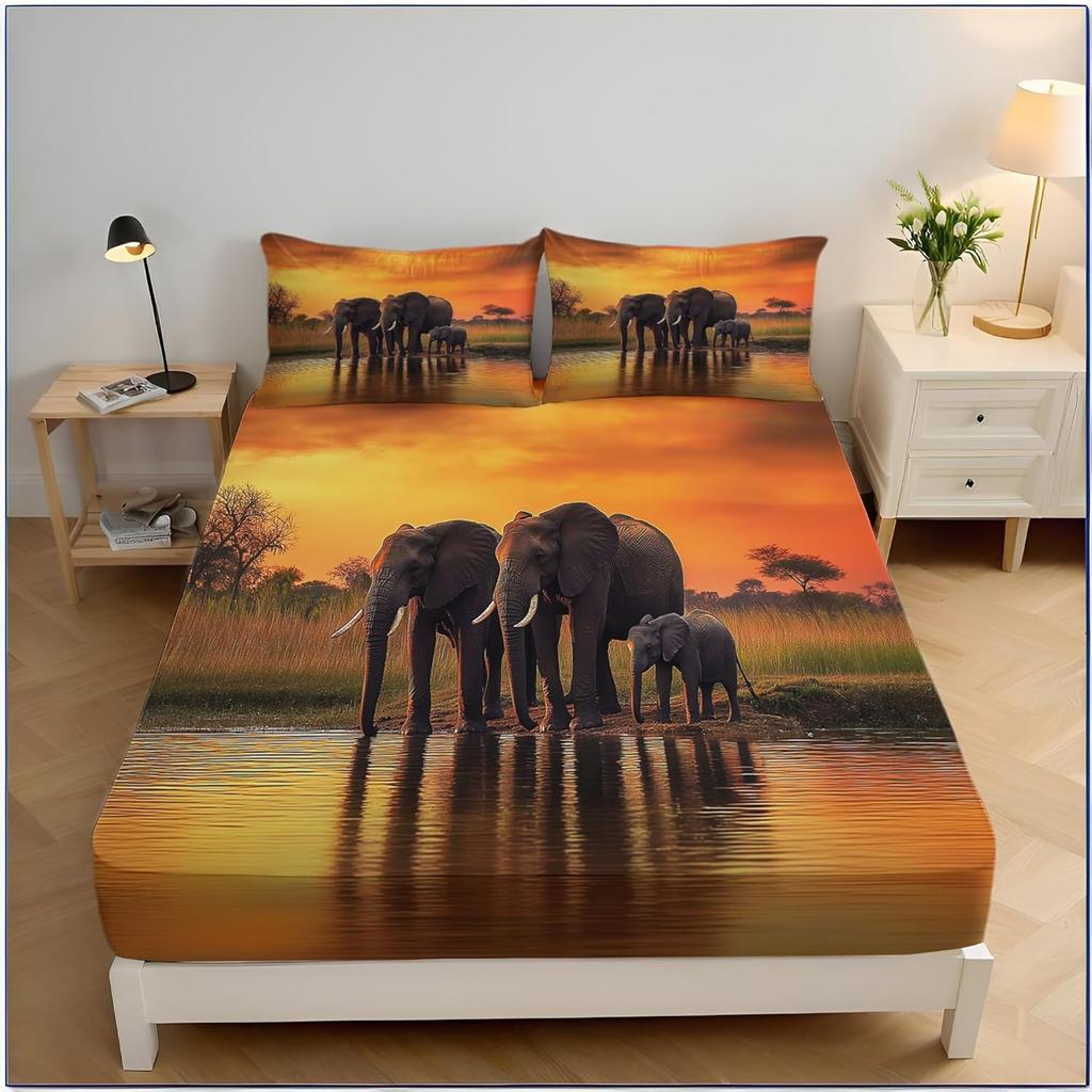 Elephants Fitted Sheet, African Landscape Bedding Set, Bed Sheets Room Decor For Teens Boys Girls,3 Piece Bedding Decor Set