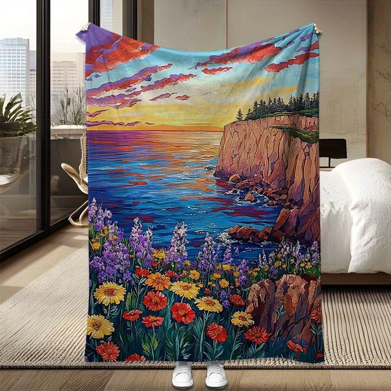 Ocean Sunset Cliff Wildflowers Landscape Fleece Blanket Scenic Nature View Soft Flannel Throw Home Decor Beach Cottage Style