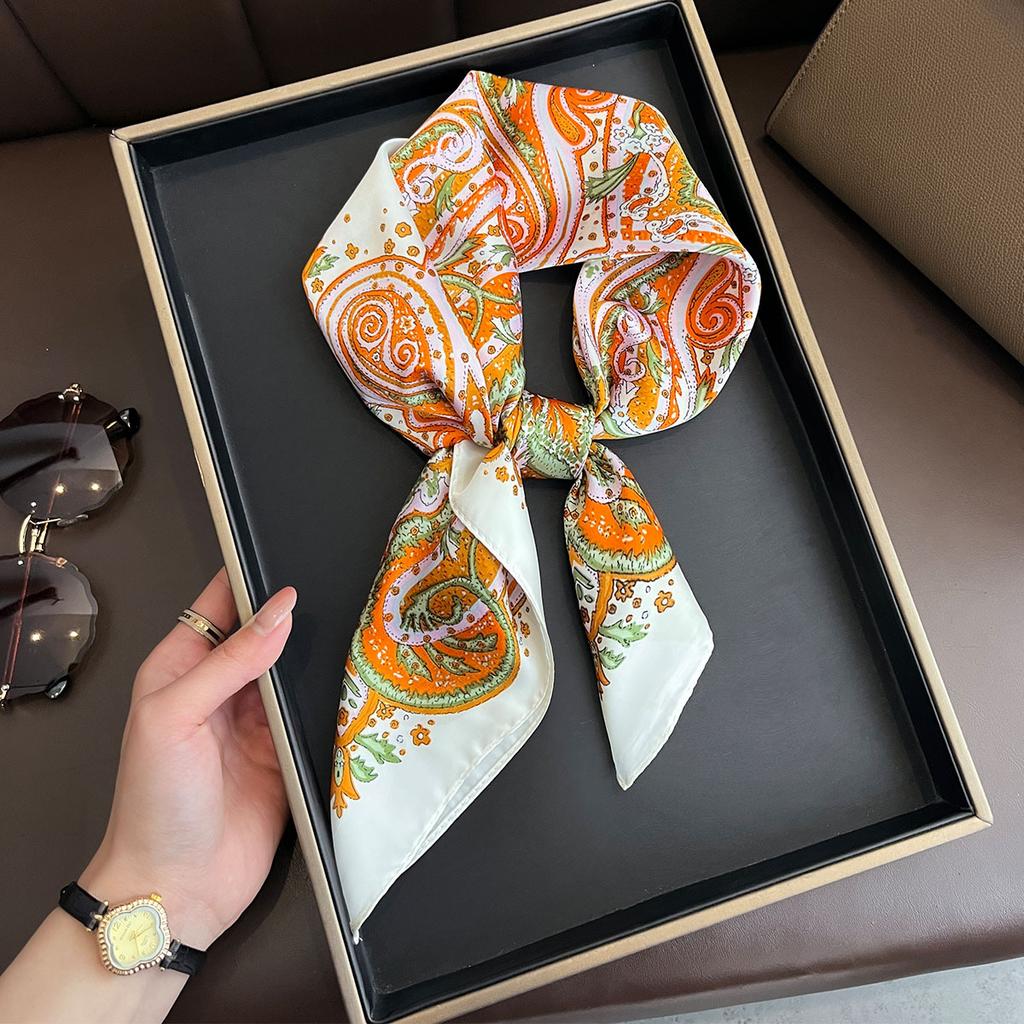 New Floral Print Silk Feeling 70cm Square Scarf Women Foulard Cashew Neckerchief Lady Satin Head Hijab Female Decorate Neck Ties