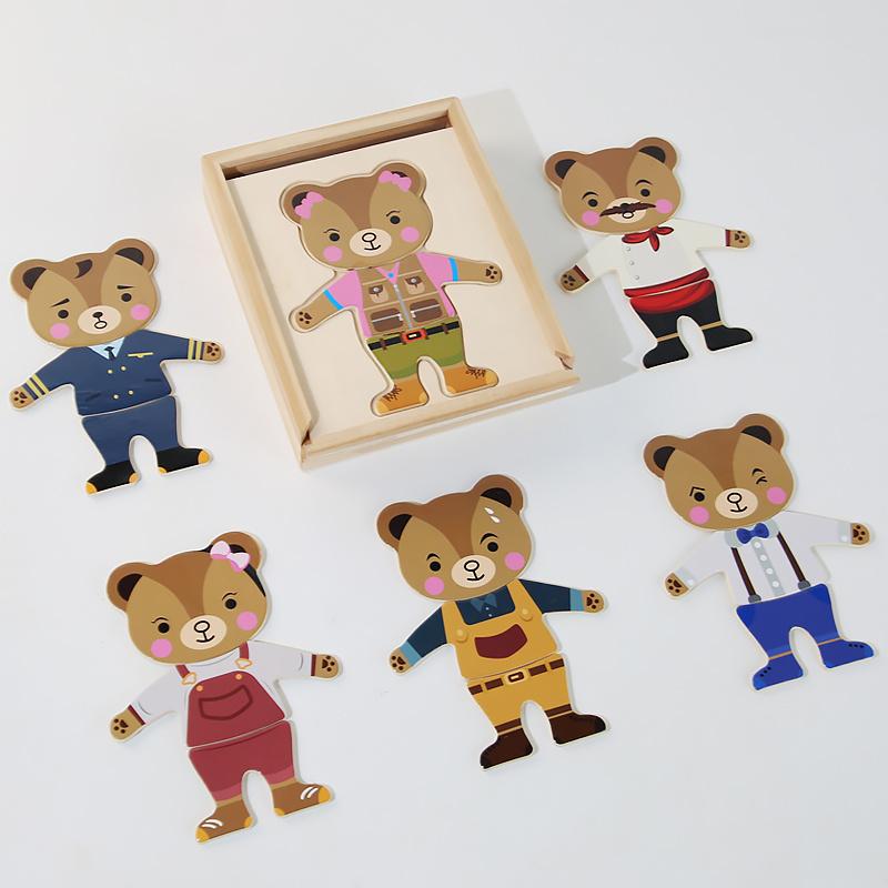 Dřevěná hračka Montessori Kreslené zvířátko Převlékání Skládačka Medvěd Převlékání Tvarové párování Puzzle Dětské vzdělávací hračky