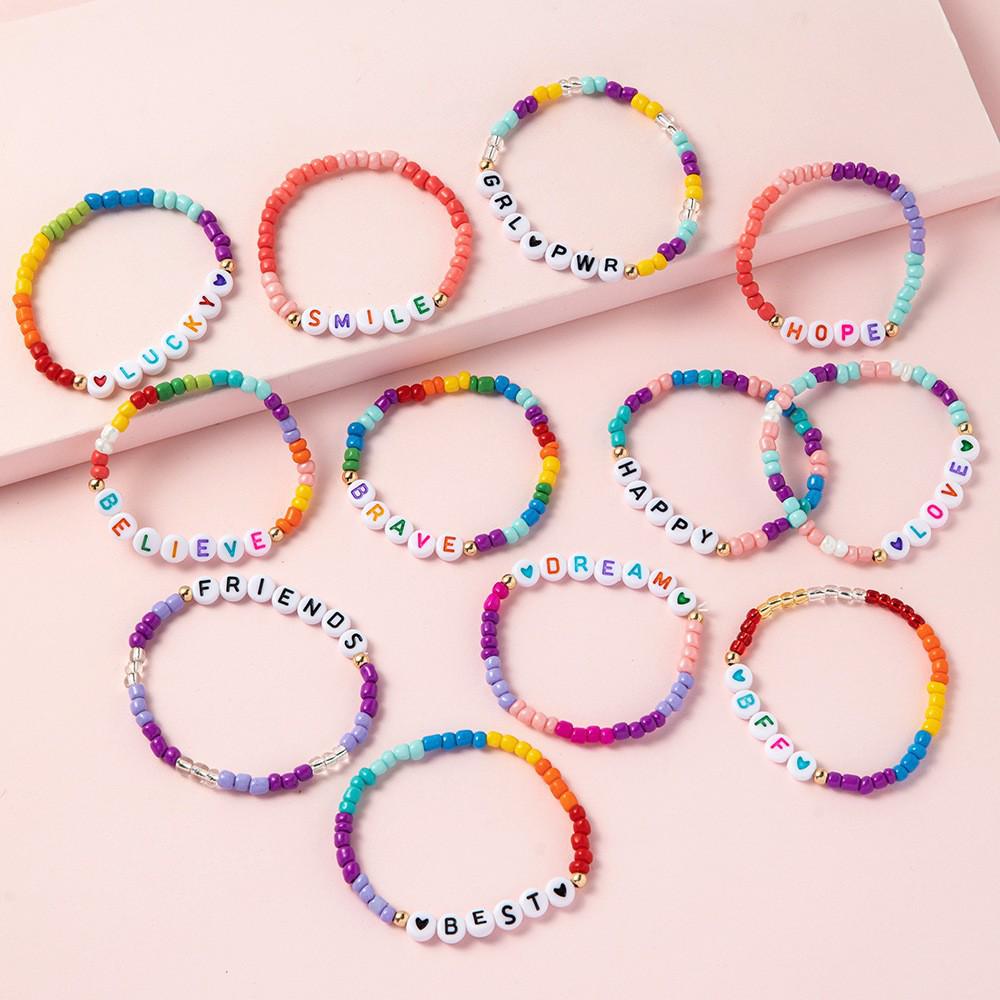 12-Piece Set: Handmade Beaded Bracelet & Keychain with English Letters - Contact Customer Service Before Use