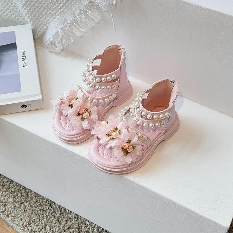 Red Flower Soft Sole Mesh Roman Sandals for Girls - 2026 Summer Princess Beach Shoes Size 23