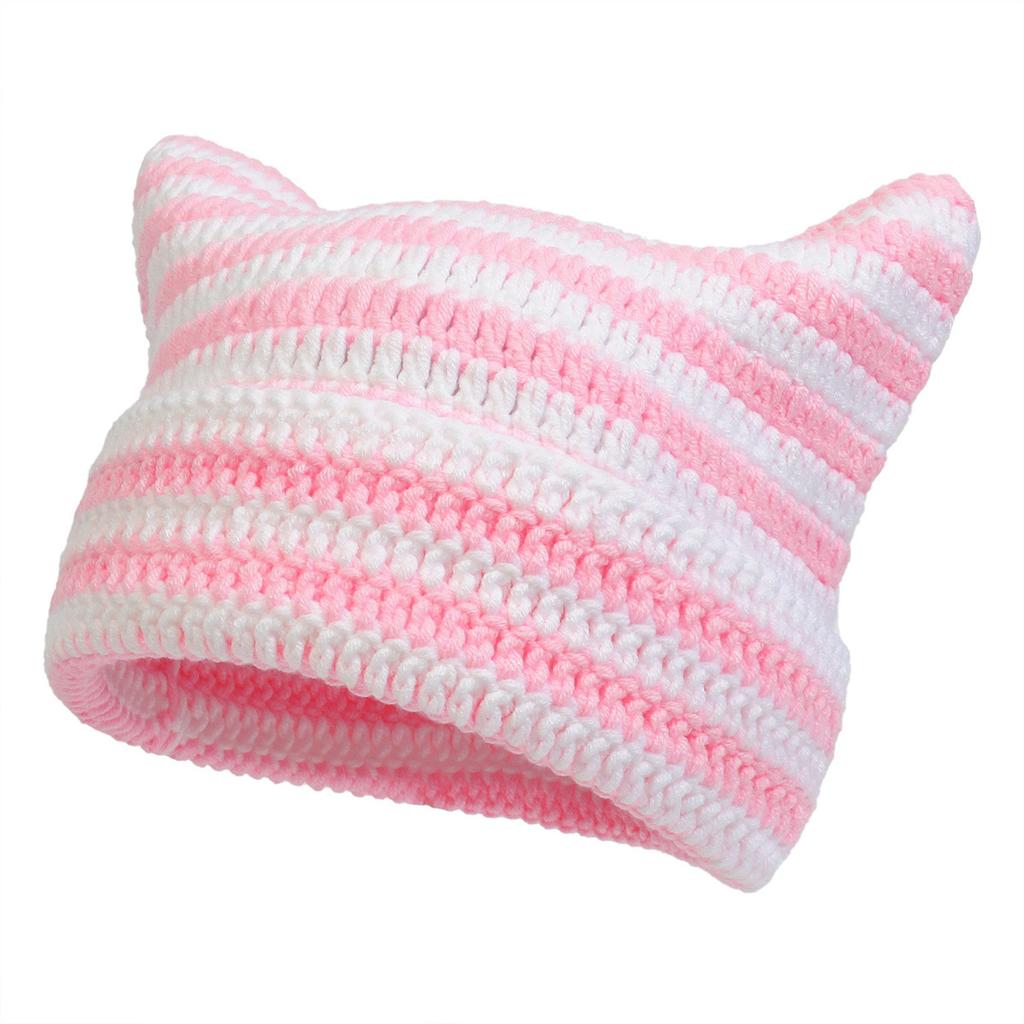 Autumn and Winter New Striped Devil Horn Hand-knitted Hat with Pointed Ears To Show the Face Small Warm Wool Hat Cute Hat for Wo