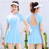 2026 Women's Conservative Slimming One-Piece Short Sleeve Swimsuit, Hot Spring Plain Patchwork, Customizable Swimwear.