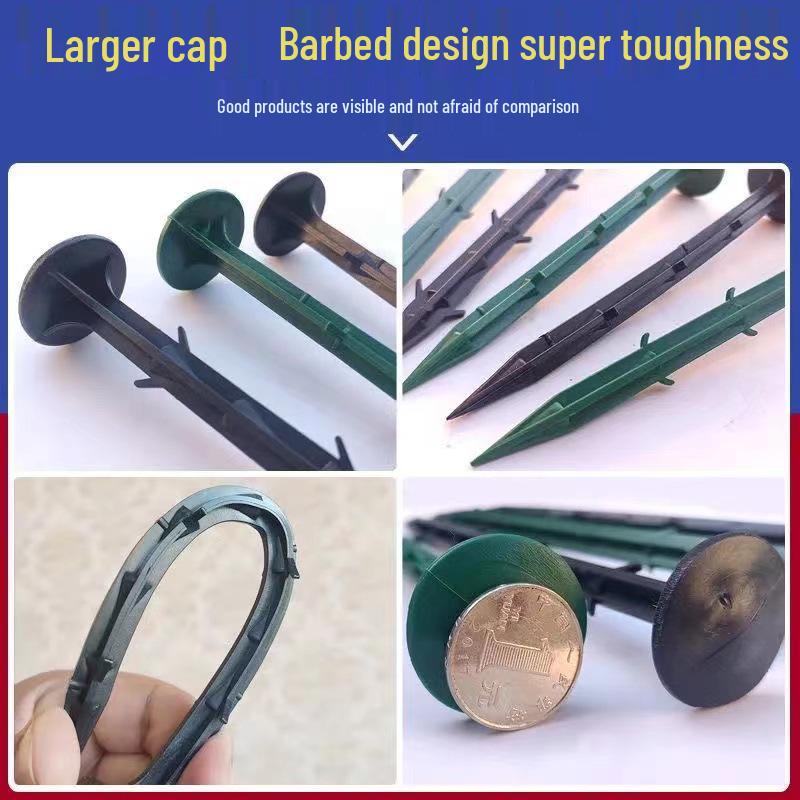 Weed Barrier Fabric Ground Nails - Black Plastic, Ideal for Orchard, Greenhouse, and Horticultural Use.