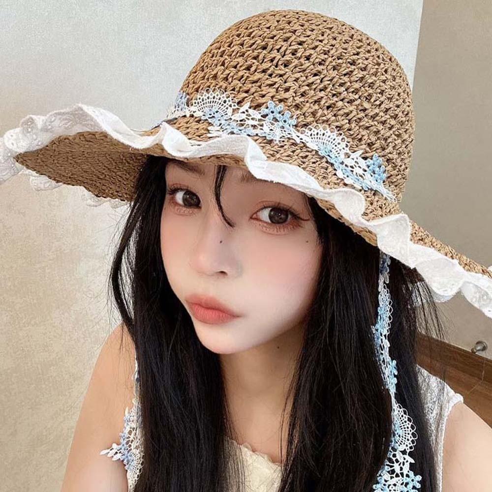 Breathable Vacation Beach Cap with Garland Woven Sun Cap Elegant Big Brimmed Straw Hat Women