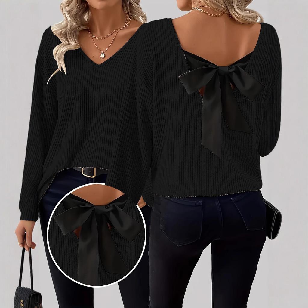 Women's V-Neck Solid Sweater with Bow - Autumn Long Sleeve Loose Fit