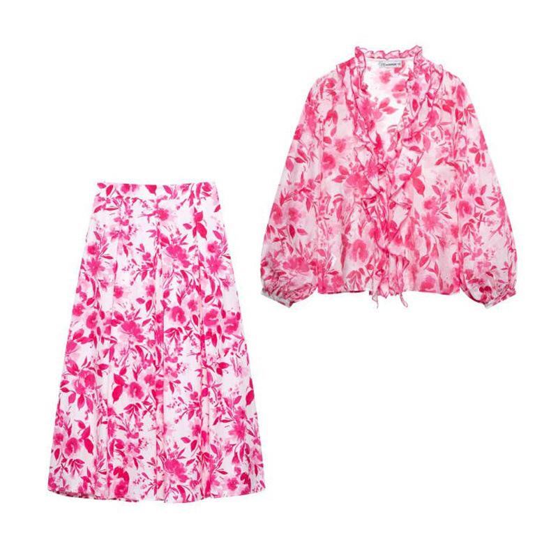 

TAOP&ZA Spring/Summer Women s Layered Printed Shirt & Poplin Midi Skirt Set XS