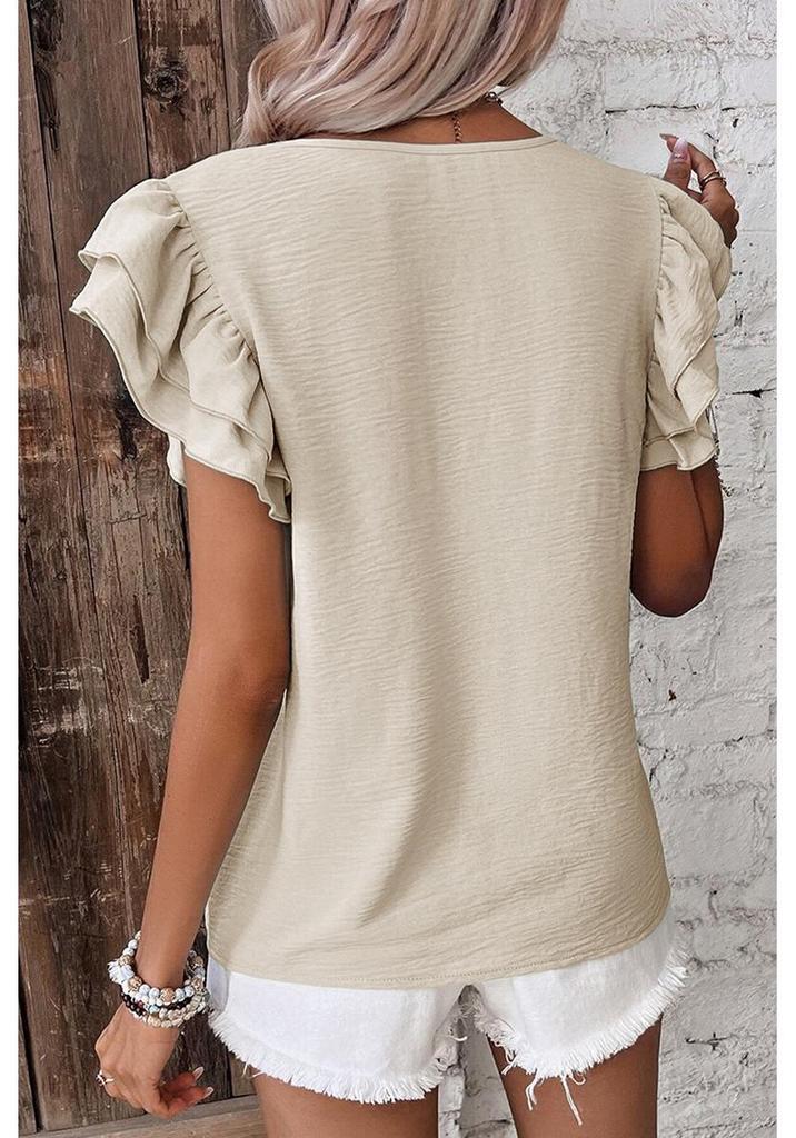 Available: Stylish European & American Women's Petal Sleeve Pullover T-Shirt, Versatile Short Sleeve Round Neck Design