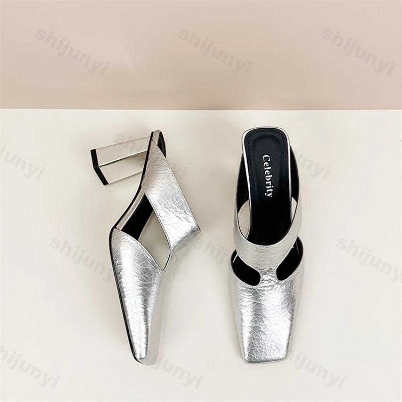 Fashion Women Sandals Fashion Square Toe Shallow High Heel Ladies Mules Casual Shoes Large Size Summer Stiletto Party Dress Sandalias