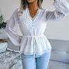 Casual Long Sleeve Chiffon Blouse V Neck Solid Color Summer Spring Waist Button Lantern Sleeve All Match Sizes S XL