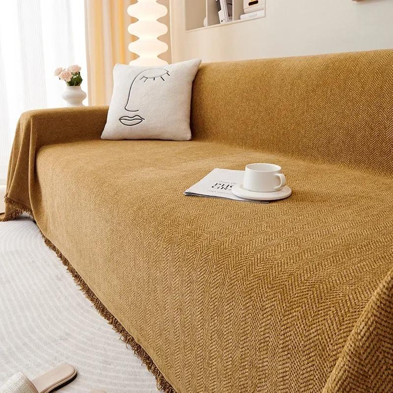 High Quality Waterproof Chenille Sofa Cover Cloth Green Striped Sofa Cushion Four Season Universal 3  Seat All Inclusive Blanket