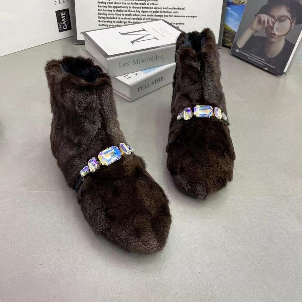 Fashion Women Mink Fur Flat Casual Shoes Ankle Winter Warm Snow Boots Crystal Decor Outside Footwear Short Boots Black