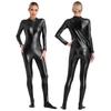 Womens Metallic Shiny Zentai Jumpsuit Mock Neck Long Sleeve Front Zipper Full Body Unitard Tights for Dance Performance