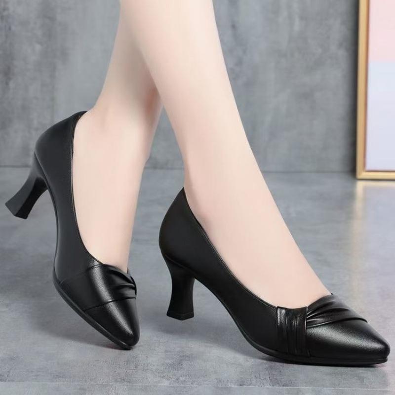 Women PU Leather High Heel Pumps Simple Elegant Pointed Toe Soft Mother Office Dress Shoes
