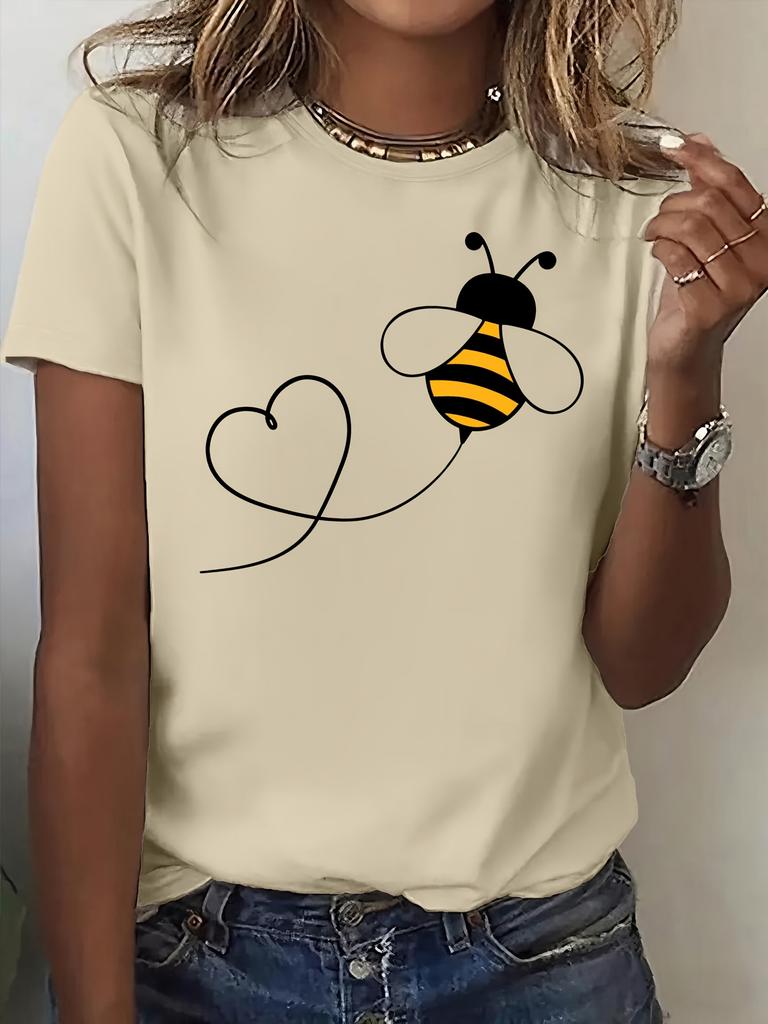 Damen Lässiges Sportliches T-Shirt mit Niedlichem Bienen- & Herz-Design Harajuku Ärmel Lässige Kleidung Street Tops T-Shirts Ästhetische Kleidung