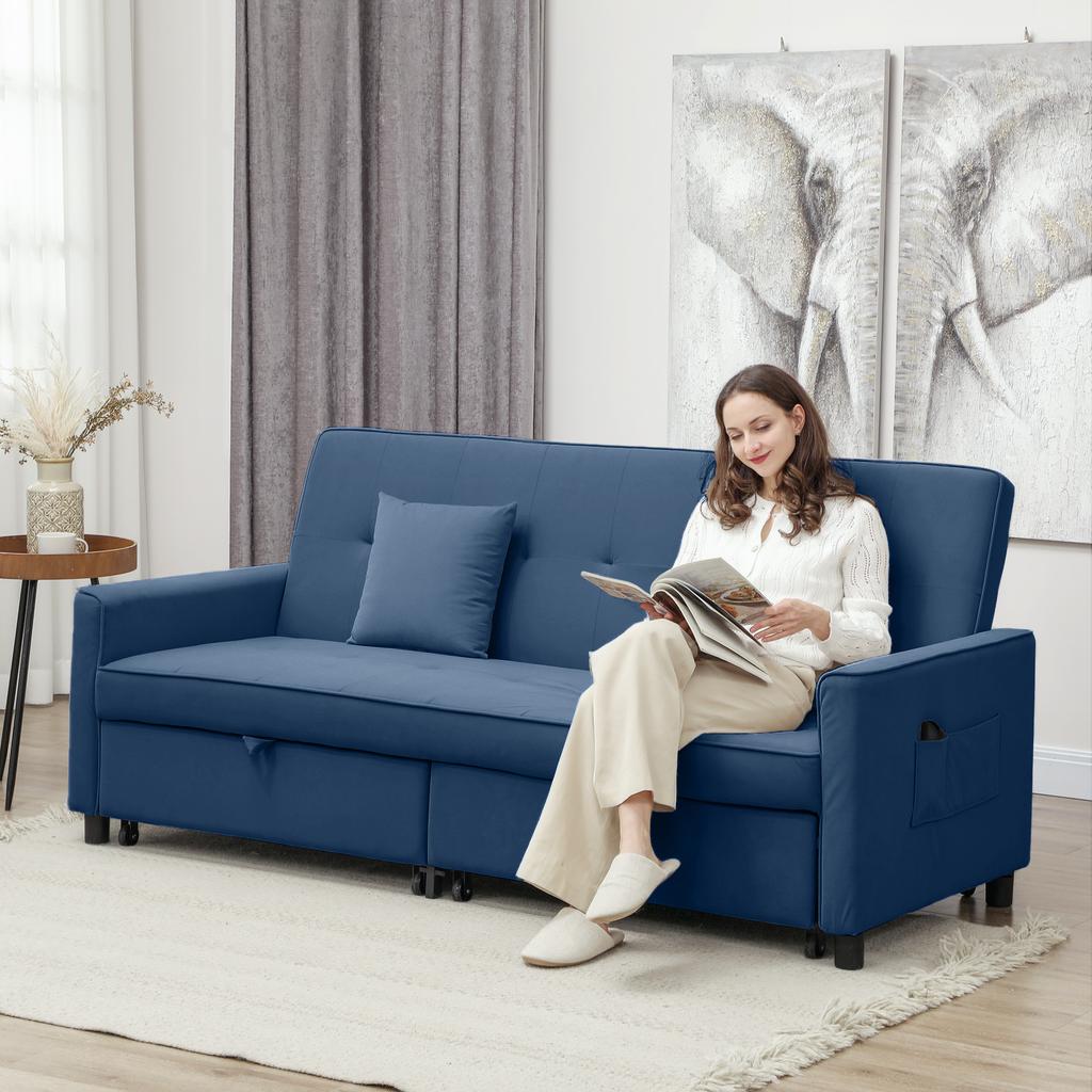 Three Person Velvet Feel Sofa Bed Blue