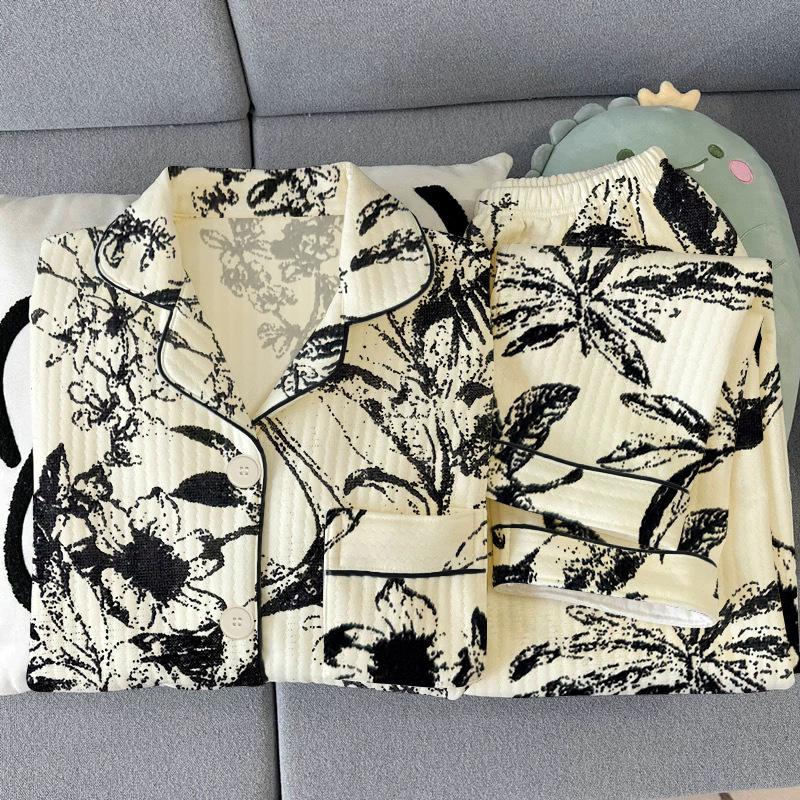 Middle-aged mother's new pajamas for women's autumn and winter air cotton interlayer thickened warm loungewear set