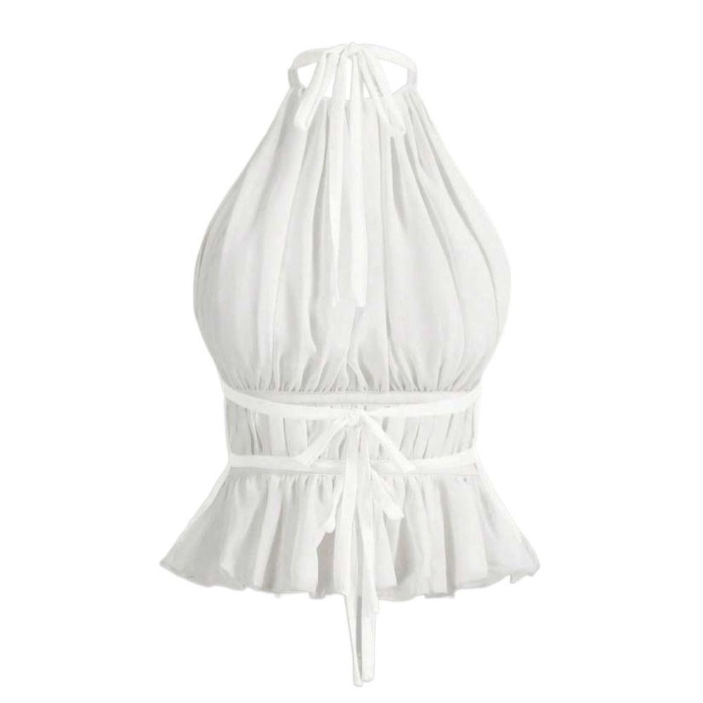 Pleated Lace-up Camisole Halter Women's Crop Top Breathable Chiffon Vest Tops  Girl