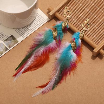Bohemian Colored Feather Clip On Earrings for Women Ethnic Fashion Long Tassel Ear Clips Non Pierced Jewelry