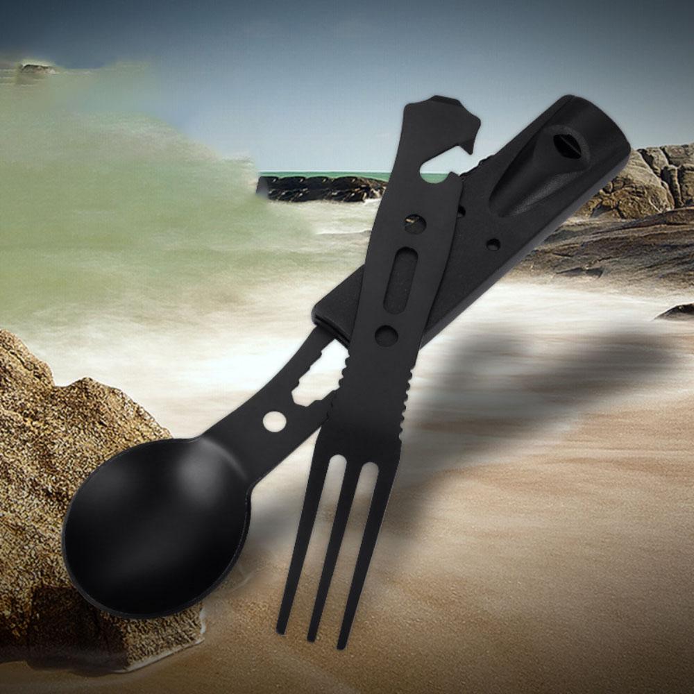 Multifunktionelles Campingmesser Outdoor-Set Edelstahlbesteck mit Pfeife Löffel Gabel Winddichte Kombinationsausrüstung