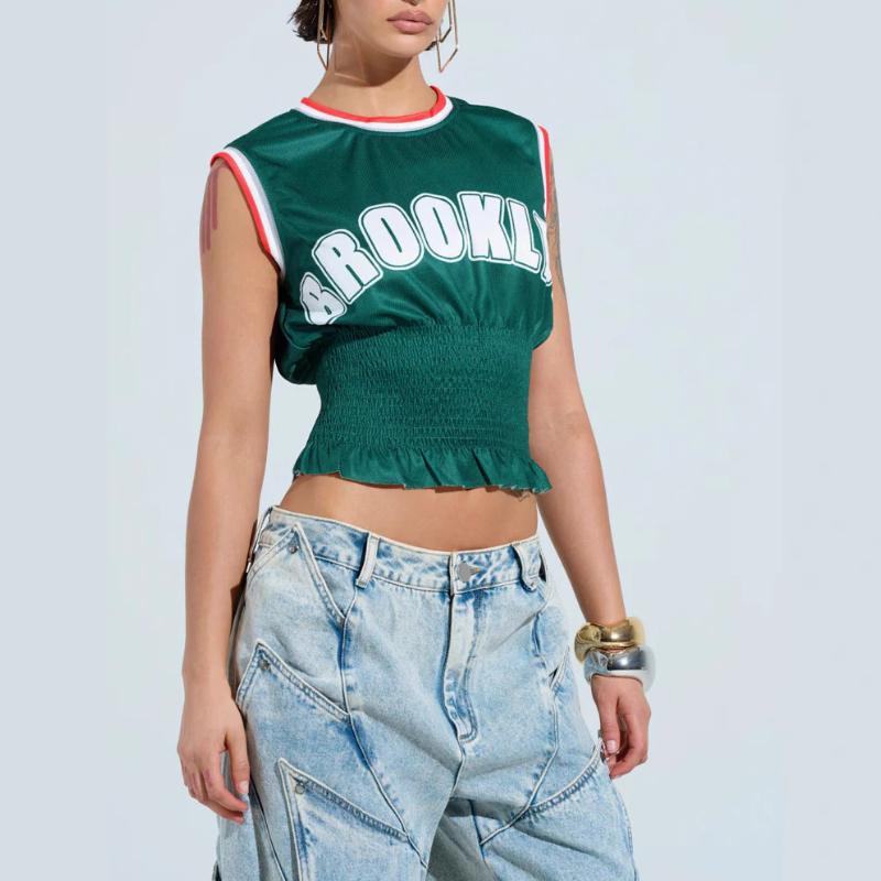 

Европейская и американская летняя ретро сетчатая приталенная майка без рукавов с круглым вырезом и плиссировкой L зелёный