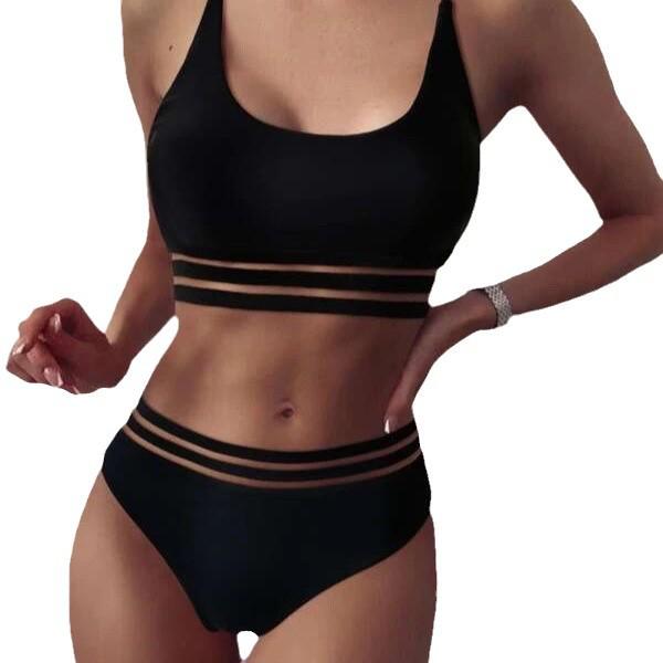 New High-Waist European & American Solid Color Lace Bikini Swimsuit