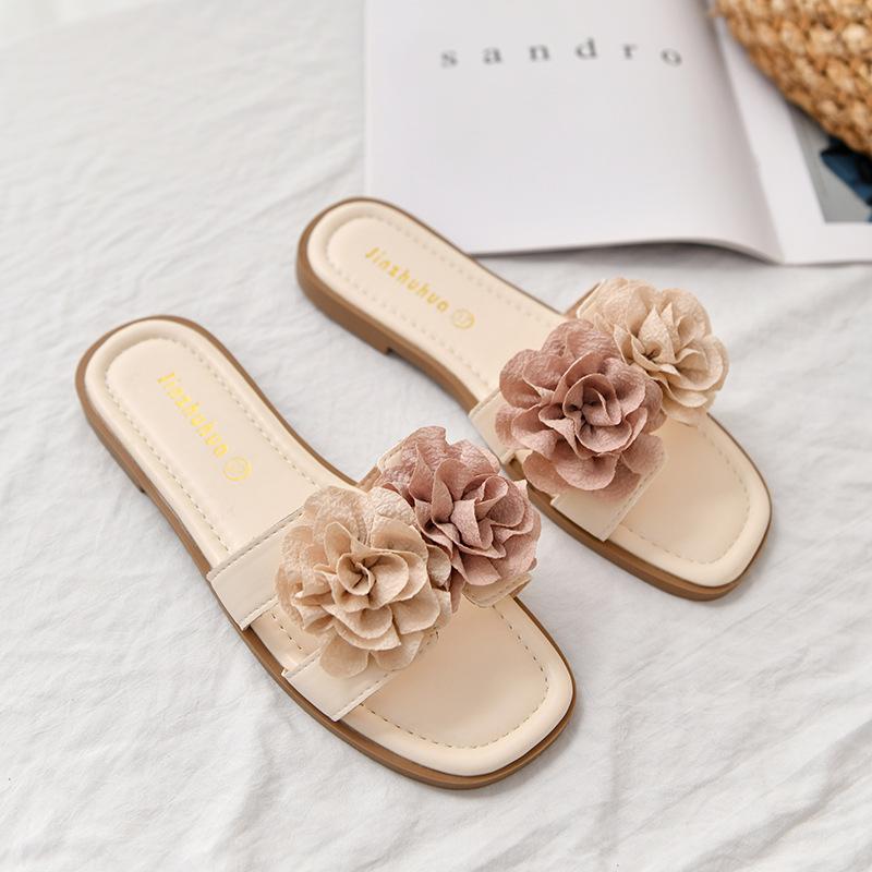 

Красивые цветы с юбками, маленькие прохладные тапочки, женская новая летняя одежда 2025, модные универсальные сандалии на мягкой подошве 40 абрикосовый