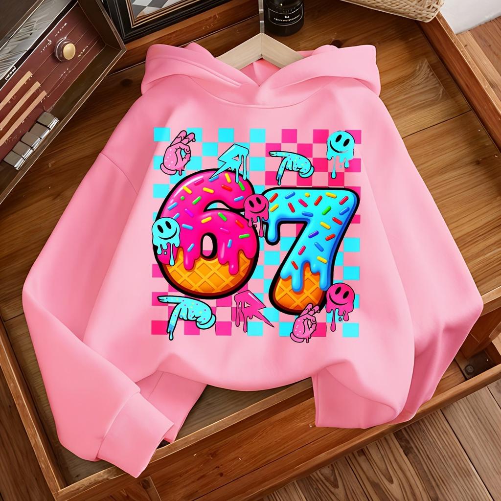 Mädchen Kapuzenpullover mit Donut-Printmuster, Nummer 67, Lässig, Spaß, Freizeitkleidung, Oberteil, Frühling Herbst Locker