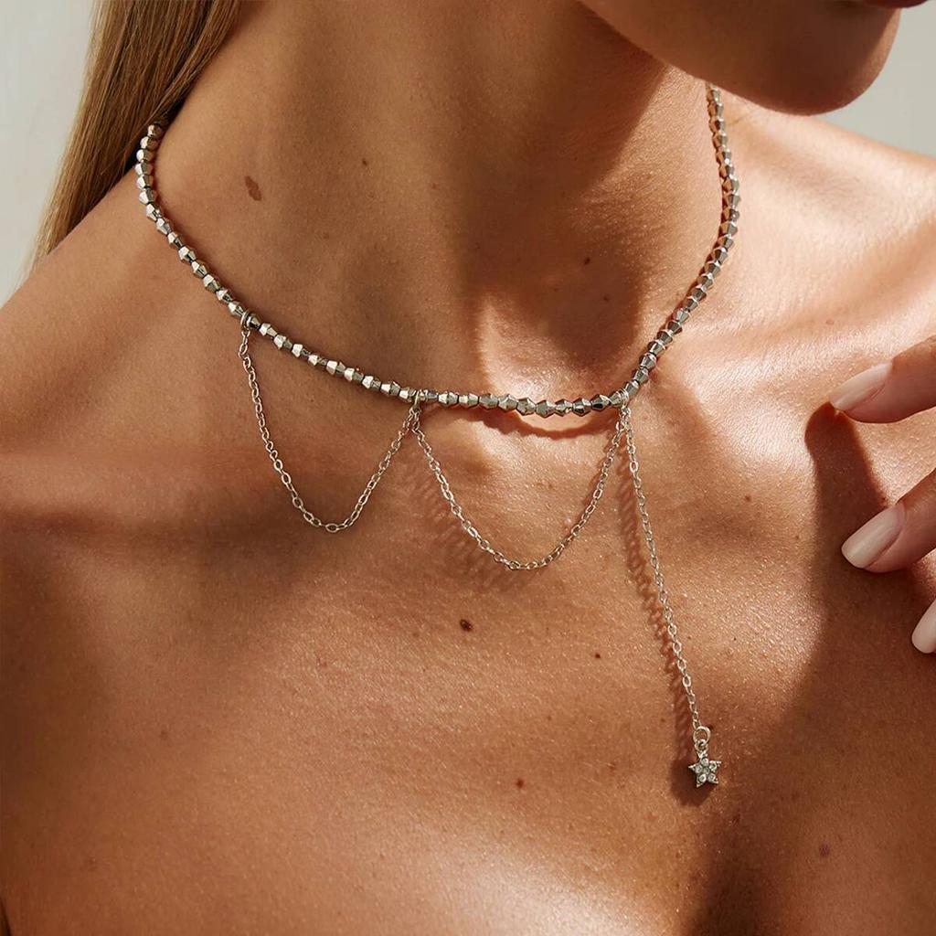 Ingemark Minimalism Trendy Beaded Chain Necklace for Women Bohemia Silver Color Star Pendant Chokers Necklace Party Jewelry Gift