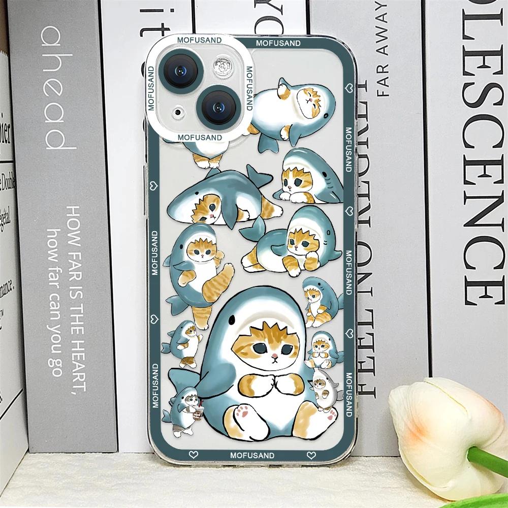 Süße Cartoon-Tier Katze Hai Handyhülle für IPhone 14 16 15 11 12 13 Pro Max Mini XS SE2 8 7 Plus Transparent Weiche Hülle Fundas