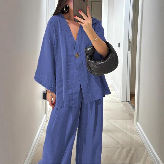 2025 European & American Women's V-neck Top and Wide-leg Pants Set: Casual, Stylish, Loose Fit