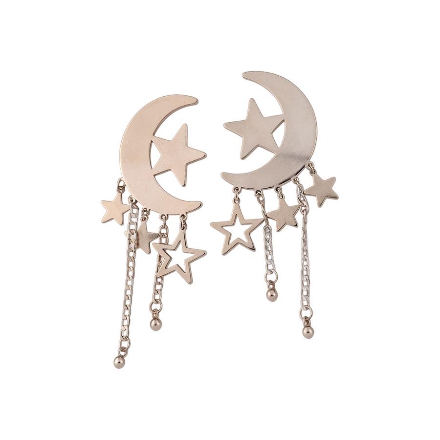 Silver Needle Moon & Star Tassel Pendant Earrings - Chic, Luxurious, Lightweight, Fashionable.