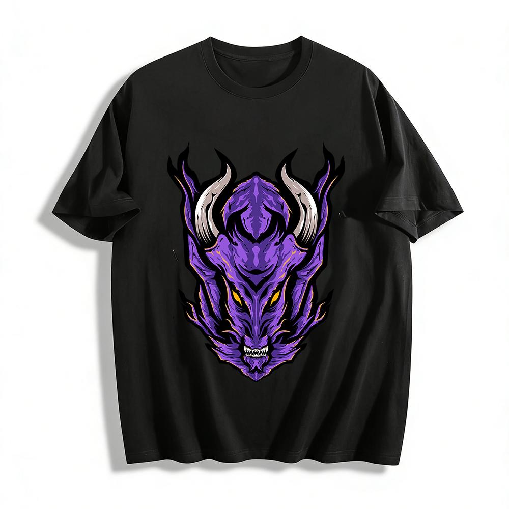 Dark Purple Flame Beast Print Trendy Casual Crewneck Long Sleeve Top Pure cotton T-shirt XXS
