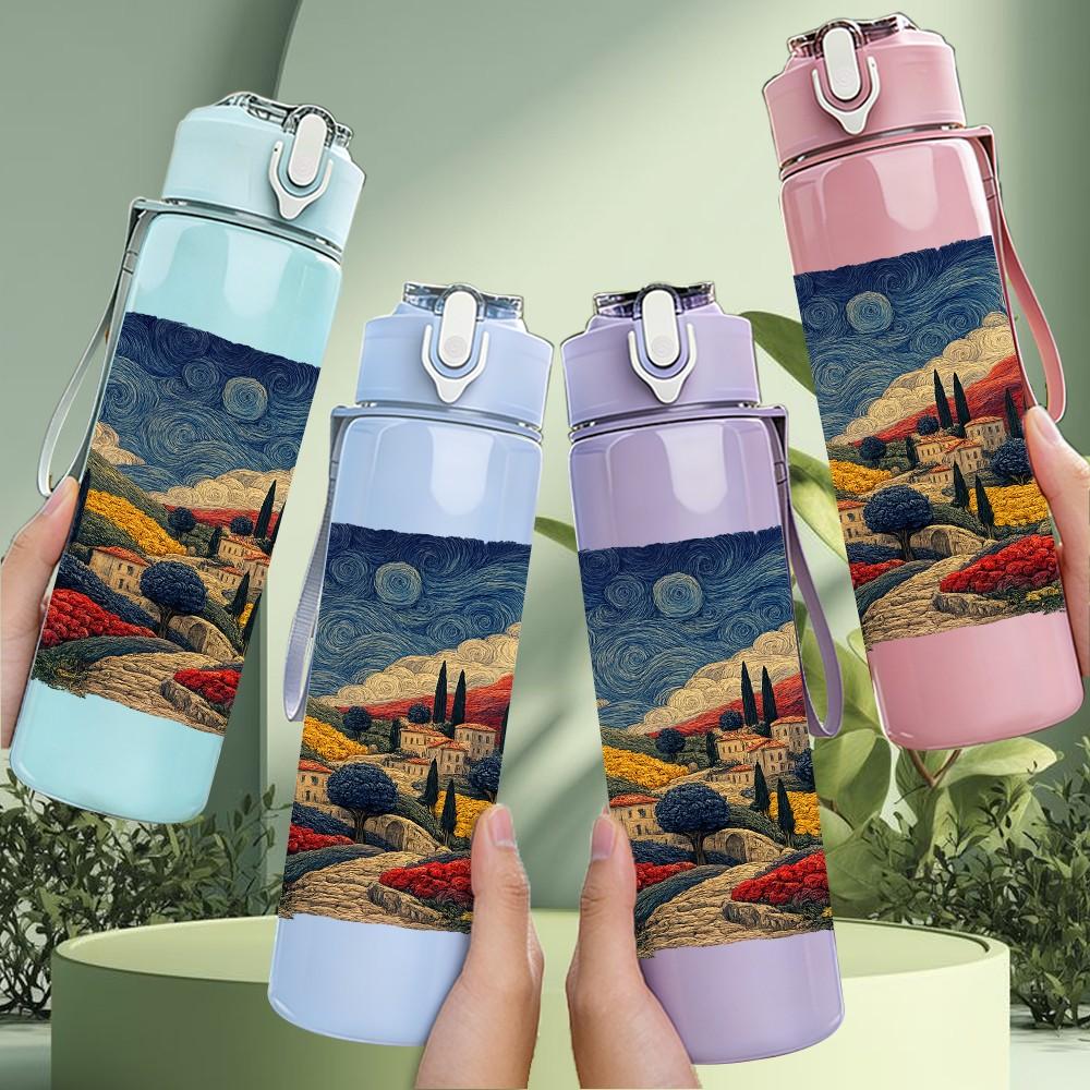 1PC Retro Steam Train Country Landscape Print 750ml Color Plastic Sports Water Bottle Leakproof Flip Straw Lid Suitable for Sports Office Home Use