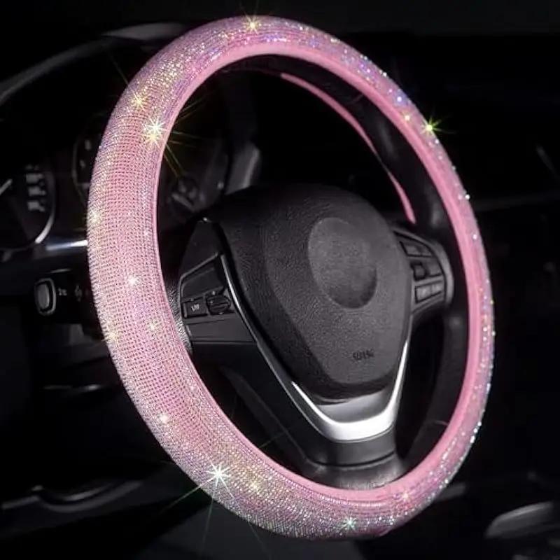 1 pc  Car steering wheel cover pink full diamond inlaid diamond hot diamond without inner ring steering wheel cover