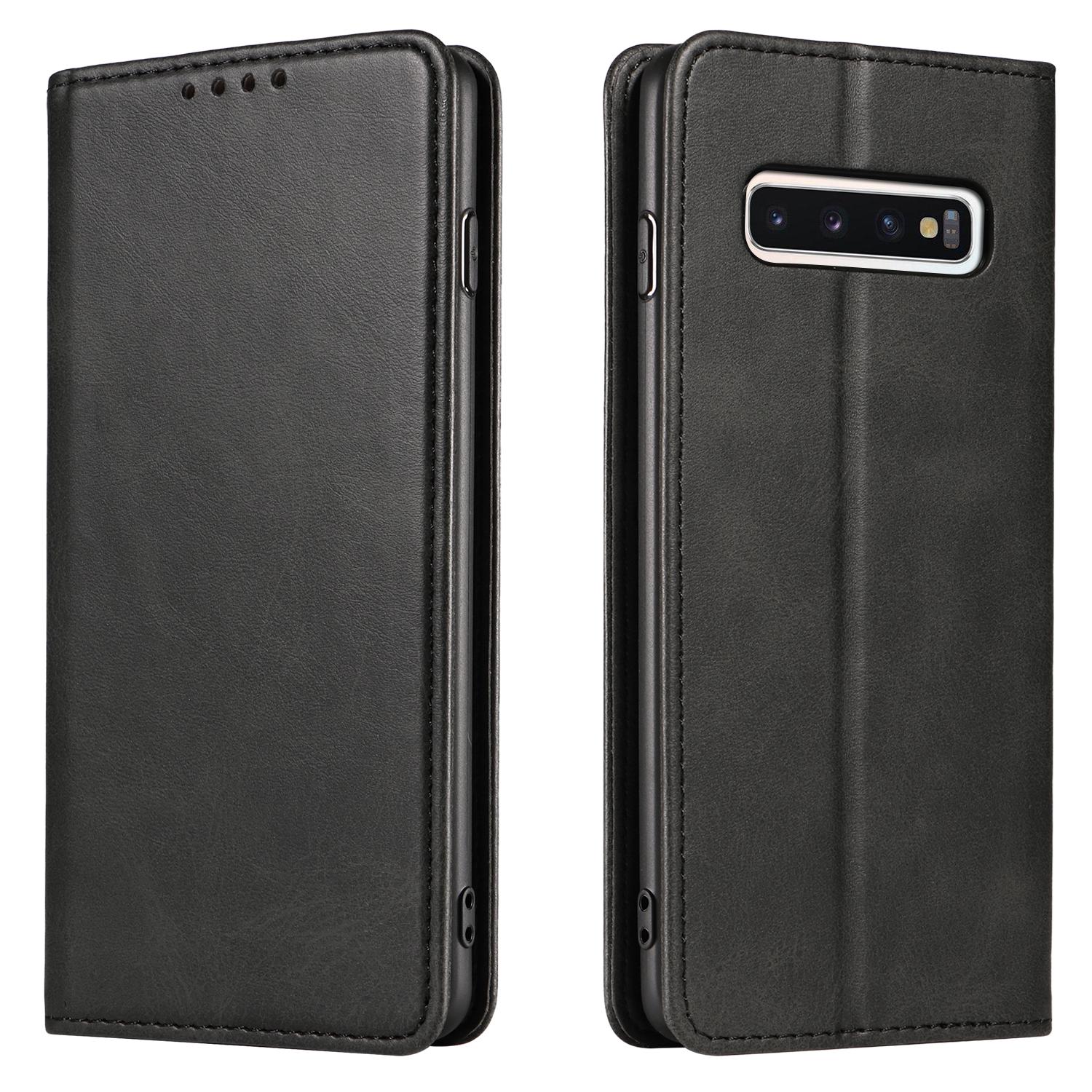 

For Samsung Galaxy S10 Calf Texture Wallet Phone Cover Auto-absorbed Magnetic Leather Stand Phone Case Black
