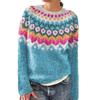 Women Sweater Round Neck Long Sleeve Patchwork Color Knitting Tops Loose Hem Printed Knitwear Winter Wear