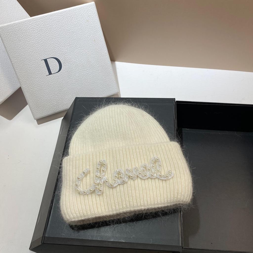 Pearl Hat Rabbit Hair Warm Knit Hat Women's Fashionable Winter Cold Hat Increase And Lengthen Double Folded Edges Hat