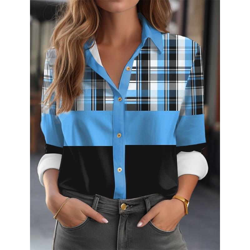 Fashion Multicolour Geometric Splicing Pattern 3D Print Women's Long Sleeves Shirt Autumn Women's Holiday Shirt Women's Clothing