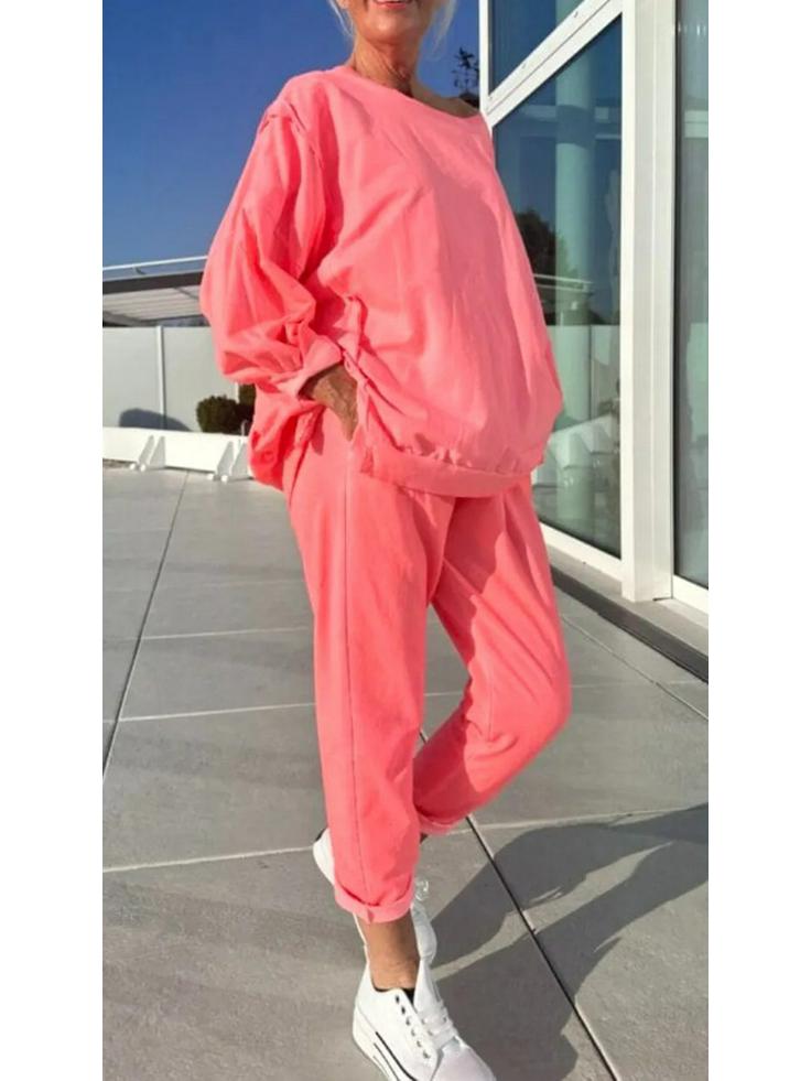 2025 Women's Casual Solid Color Long Sleeve Top and Pants Set - European & American Style