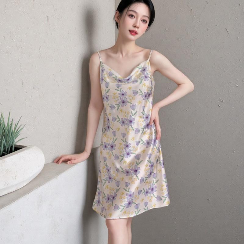 Ice and snow pajamas spring and summer women's sexy suspender vest nightdress thin swing neck print