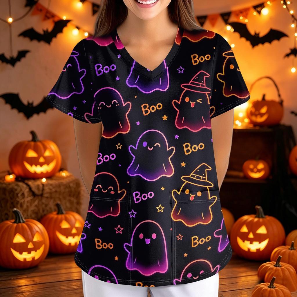 Women Halloween Printed V Neck Loose Fit Short Sleeve Scrub Top with Pockets Soft Fabric Comfortable Shirt