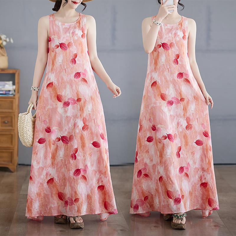 Dimanaf 2025 Women Linen Summer Flower Print Dress Casual Ladies Basic Long Dress 8088