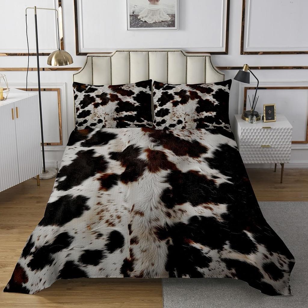 Cowhide Coverlet Set Farm Animal Fur Bedspread Queen/Full for Boy Girl Bedroom 2/3 Pcs Western Rustic Cowboy Farmhouse Quilt Set